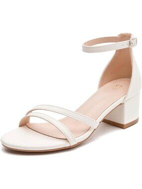 Women's White PU Open Toe Ankle Strap Chunk Low Heel Strappy Sandals Pumps Shoes
